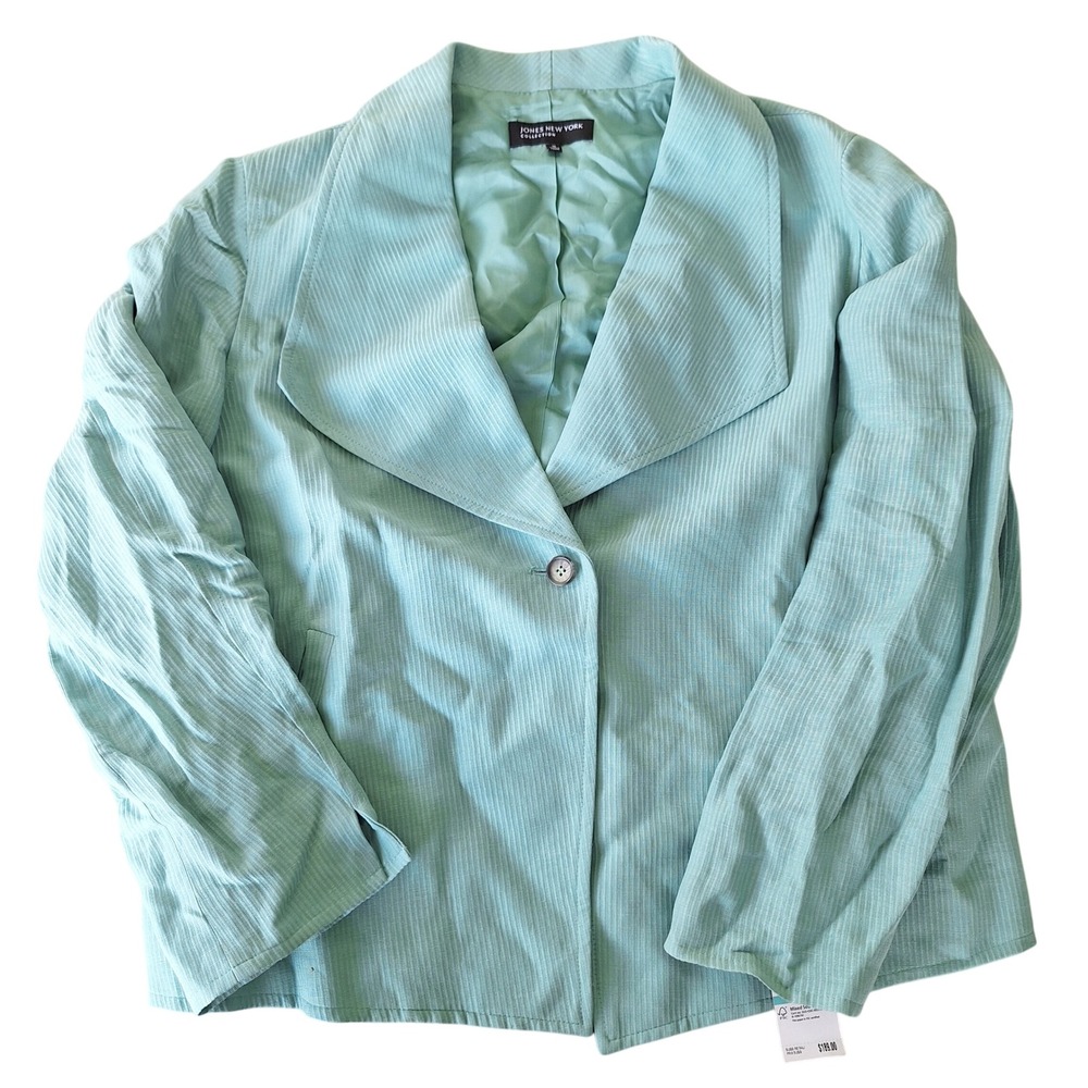 Jones New York Collection Linen Silk Blend Button Front Jacket Sz 16 Green Teal